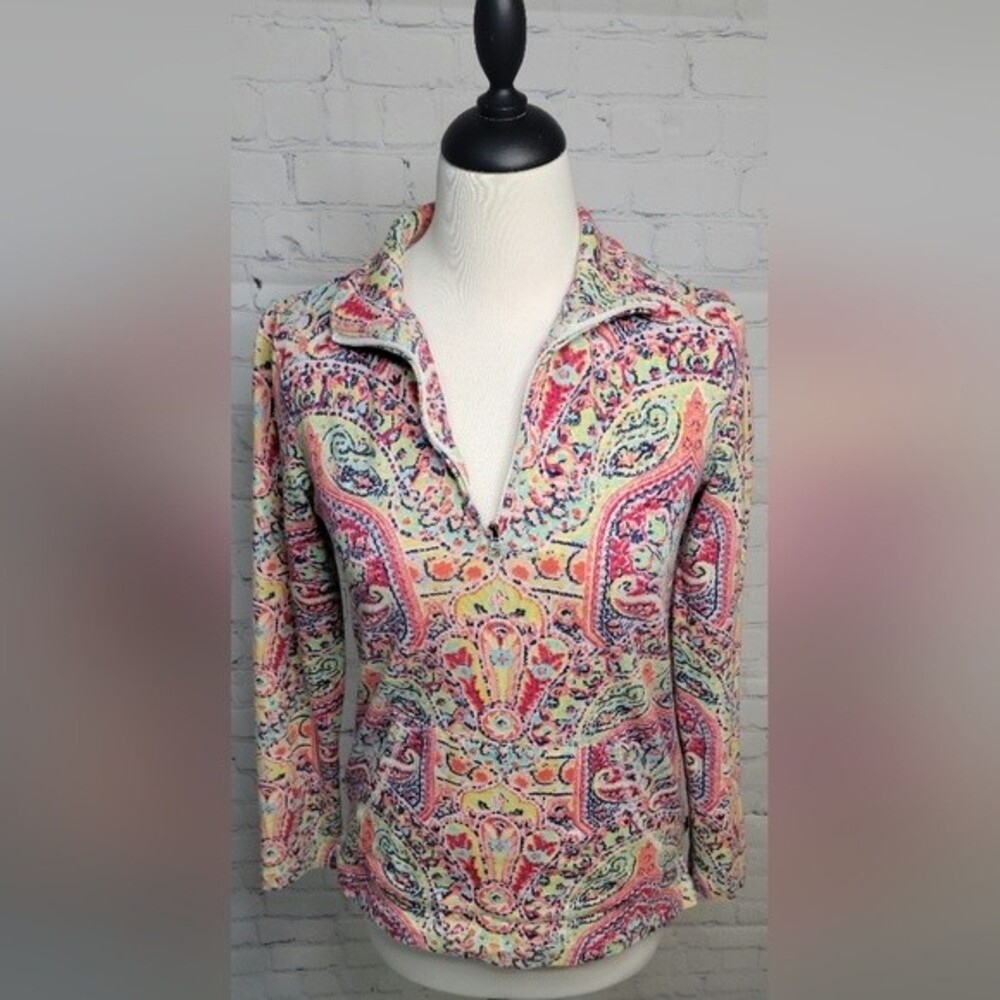 T Talbots Women Paisley Print Quarter Zip Sweate Kangaroo Pocket Sz XS Pullover